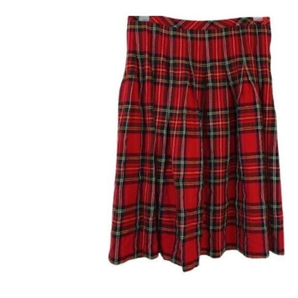 Vintage Sports Galore Womens Skirt Red Combo Pure Wool Tartan Plaid Pleated 10